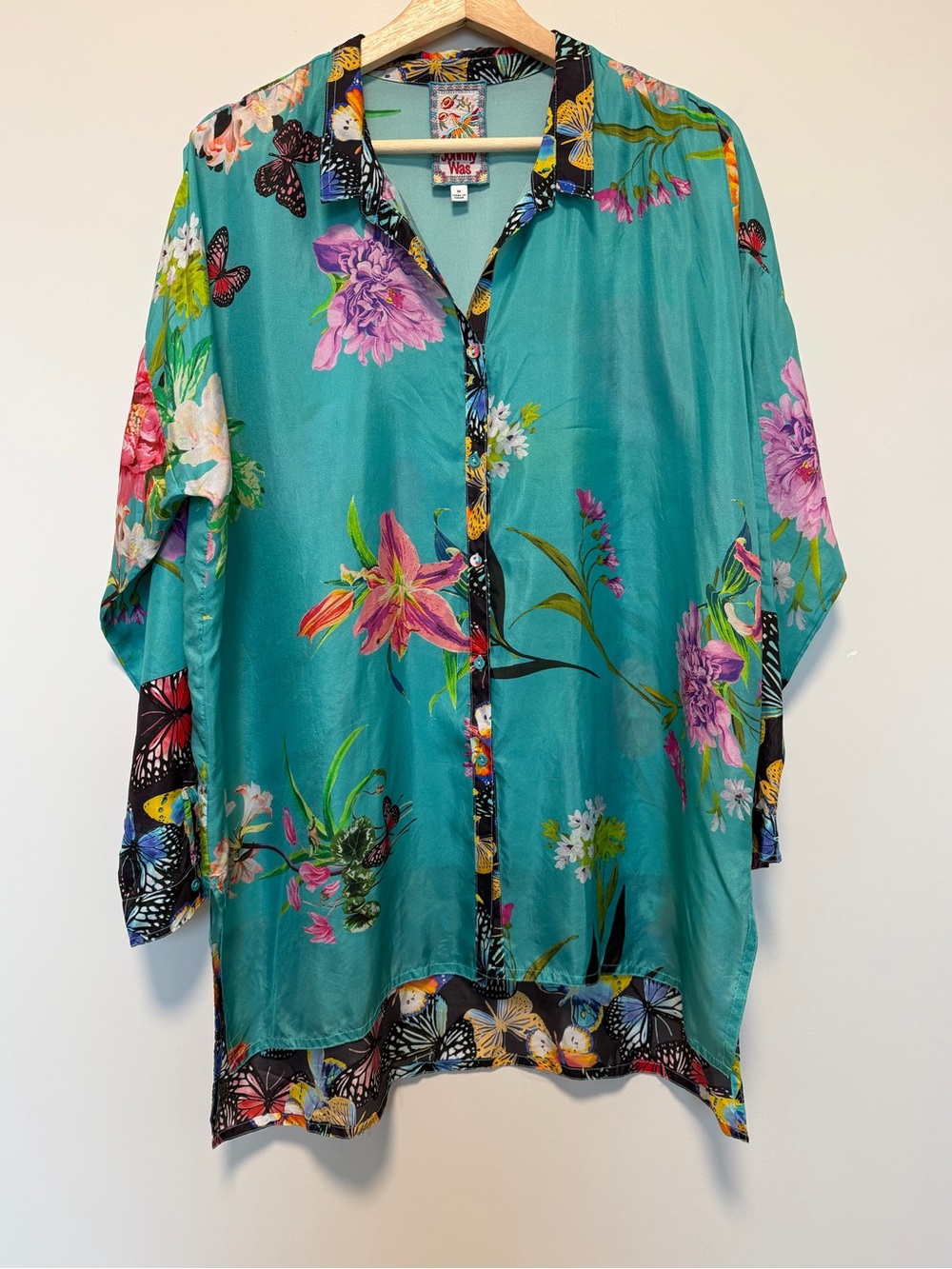 Johnny Was Pure Silk Teal Floral & Butterfly Button-Down Shirt size M